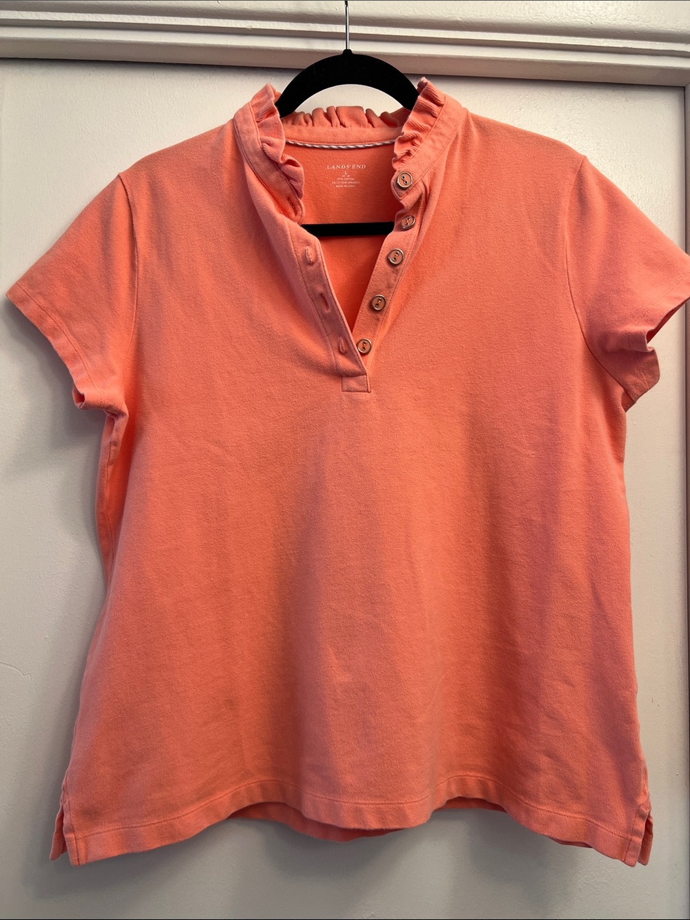 Lands’ End Coral Pink Ruffle Collar Short Sleeve Pique Polo Top Size L